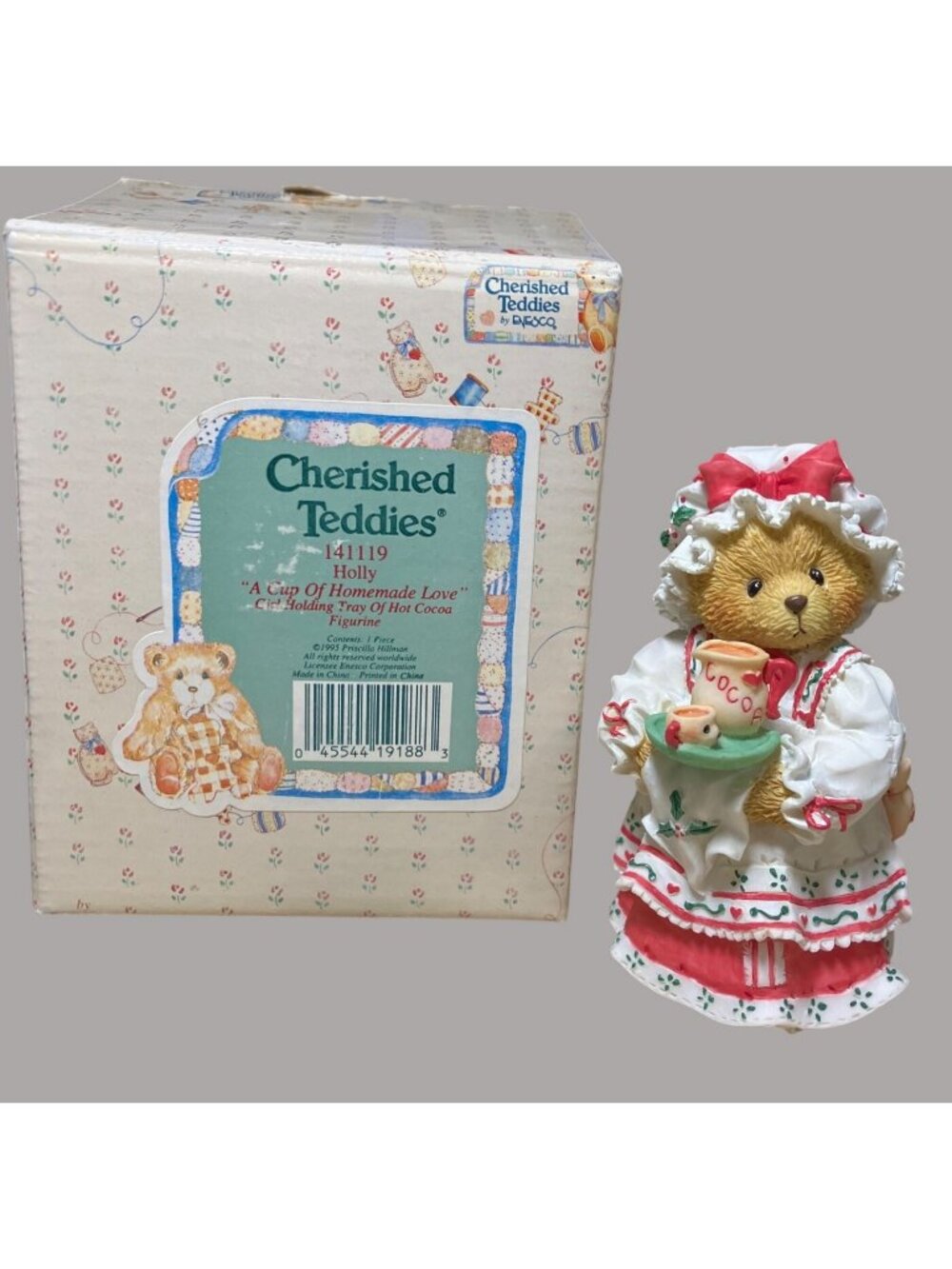 Enesco Cherished Teddies Bear Holly A cup of homemade Love cocoa Holiday 1995